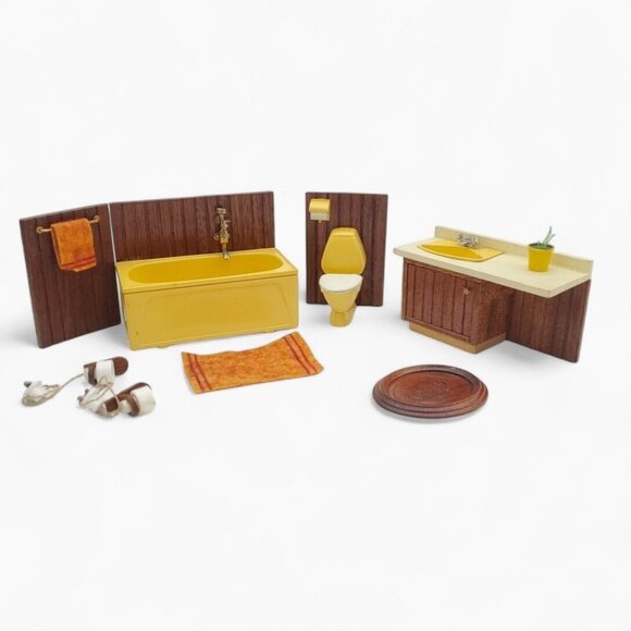 Vintage Lundby Bathroom Set Dollhouse Furniture Yellow‎ Tub Toliet MCM Sweden